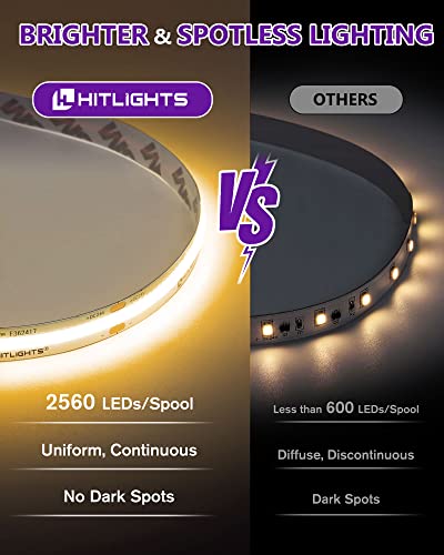 HitLights COB LED Strip Lights Warm White 3000K, 16.4ft Premium High Density 24V Tape Light, 2560 LEDs, 350+ LM/FT, CRI 90+, IP30, Lighting for Kitchen, Cabinets, UL Listed (Power Source Not Included) - Image 2
