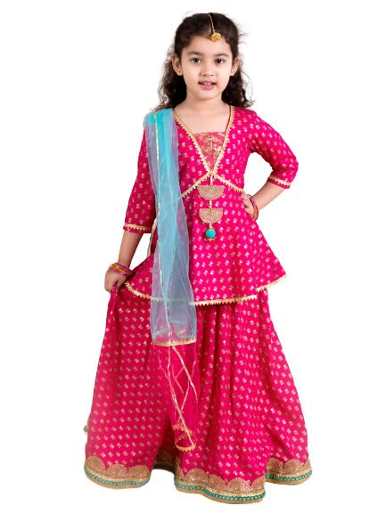 Pspeaches Girl's Magenta Blue Printed Cotton Readymade Lehenga And Choli Set (Pink-6-7Y) - Image 1