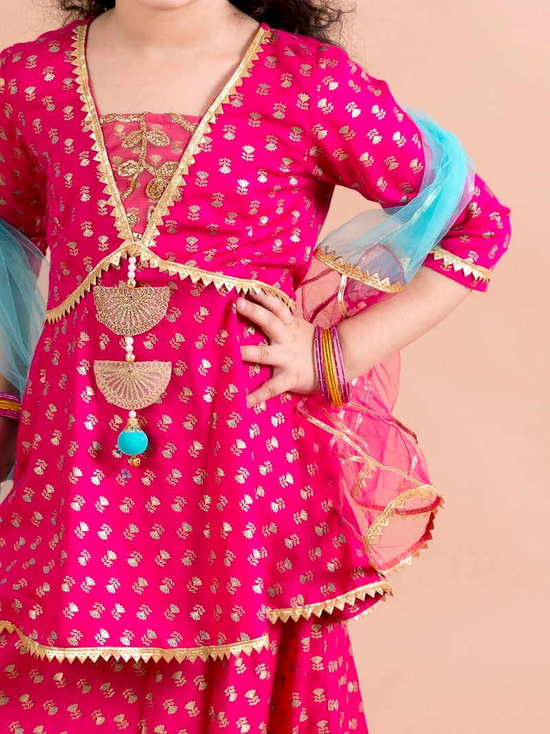 Pspeaches Girl's Magenta Blue Printed Cotton Readymade Lehenga And Choli Set (Pink-6-7Y) - Image 2