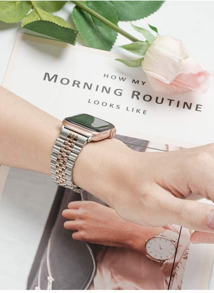 سوار بديل متوافق مع ساعة آبل 45 مم / 44 مم / 42 مم، حزام معدني من الفولاذ المقاوم للصدأ لساعة آبل سلسلة 7 6 5 4 3 2 SE (فضي + وردي ذهبي) - Image 2