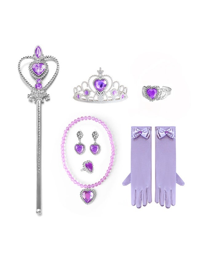 Princess Love Necklace Set for Girls, Princess Jewelry, Children's Heart-Shaped Diamond Crown Magic Wand F19 Purple Set