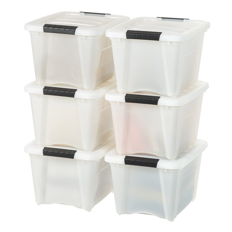 IRIS USA 19 Qt Stackable Plastic Storage Bins with Lids 6 Pack  BPAFree Made in USA  Discreet Organizing Solution Latches Durable Nestable Containers Secure Pull Handle  Pearl