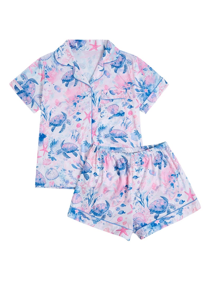 WDIRARA Women's 2 Piece Sea Turtle Graphic Pajama Set Button Down Short Sleeve Shorts Loungewear Pjs Sets Purple and Blue Small - Image 1