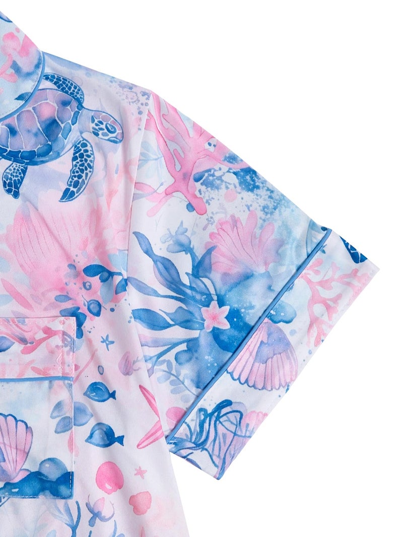 WDIRARA Women's 2 Piece Sea Turtle Graphic Pajama Set Button Down Short Sleeve Shorts Loungewear Pjs Sets Purple and Blue Small - Image 2
