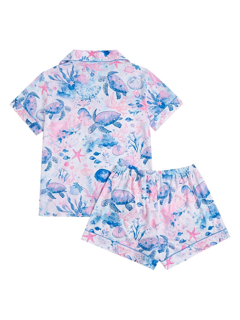 WDIRARA Women's 2 Piece Sea Turtle Graphic Pajama Set Button Down Short Sleeve Shorts Loungewear Pjs Sets Purple and Blue Small - Image 3