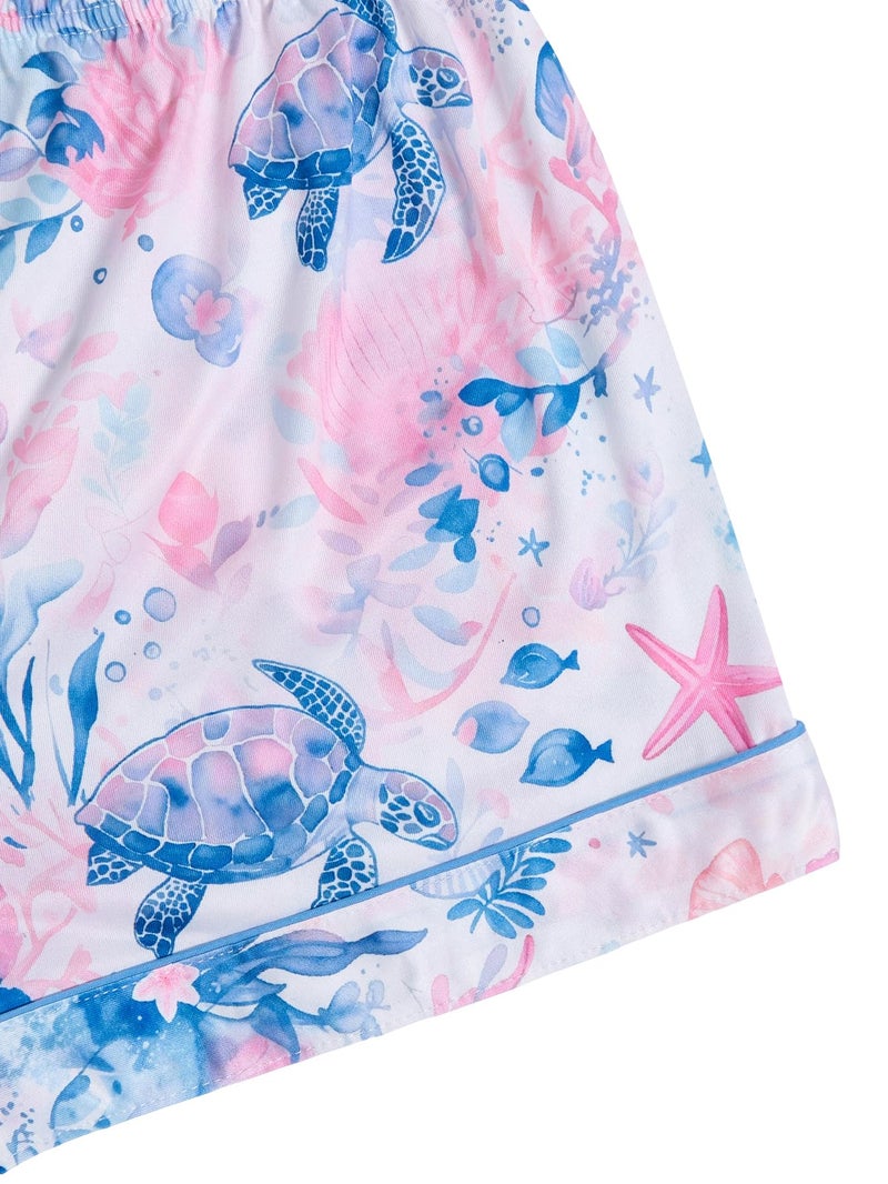 WDIRARA Women's 2 Piece Sea Turtle Graphic Pajama Set Button Down Short Sleeve Shorts Loungewear Pjs Sets Purple and Blue Small - Image 5
