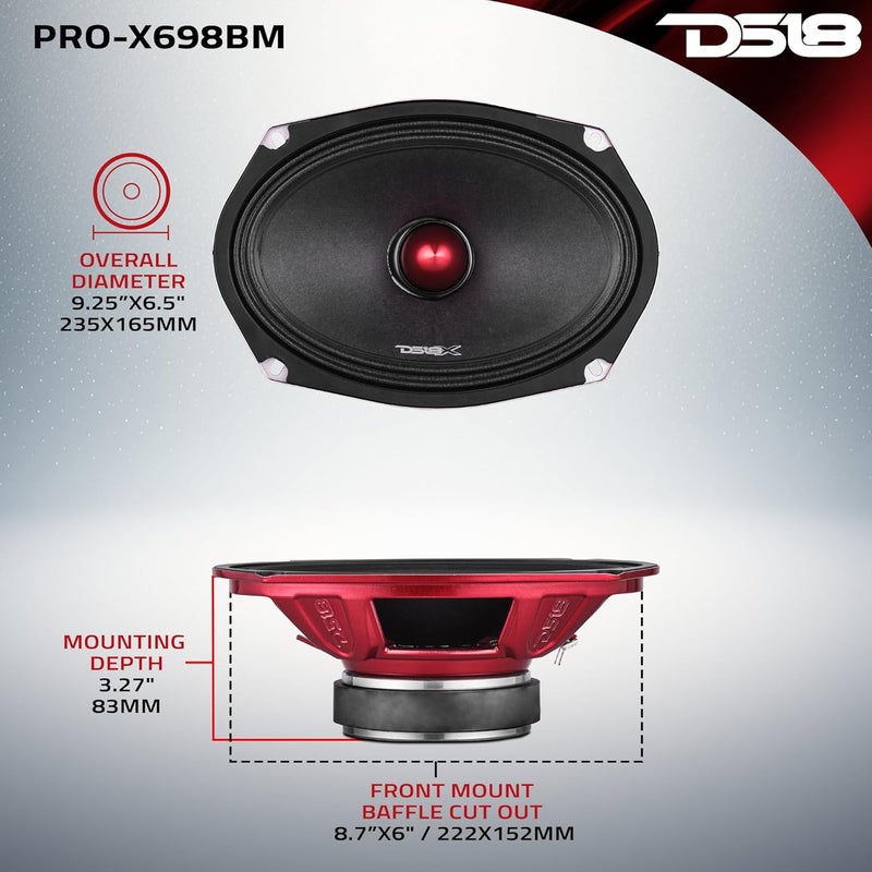 DS18 PRO-X698 BM Loudspeaker - 6x9 Midrange Speaker with Red Aluminum Bullet, 550W Max Power - Image 4