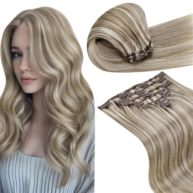LaaVoo Clip in Extensions Real Human Hair Blonde Highlights Hair Extensions Clip ins Real Human Hair Light Brown Highlighted Platinum Blonde Clip on Hair Extensions Human Hair 16inch 7pcs 120g