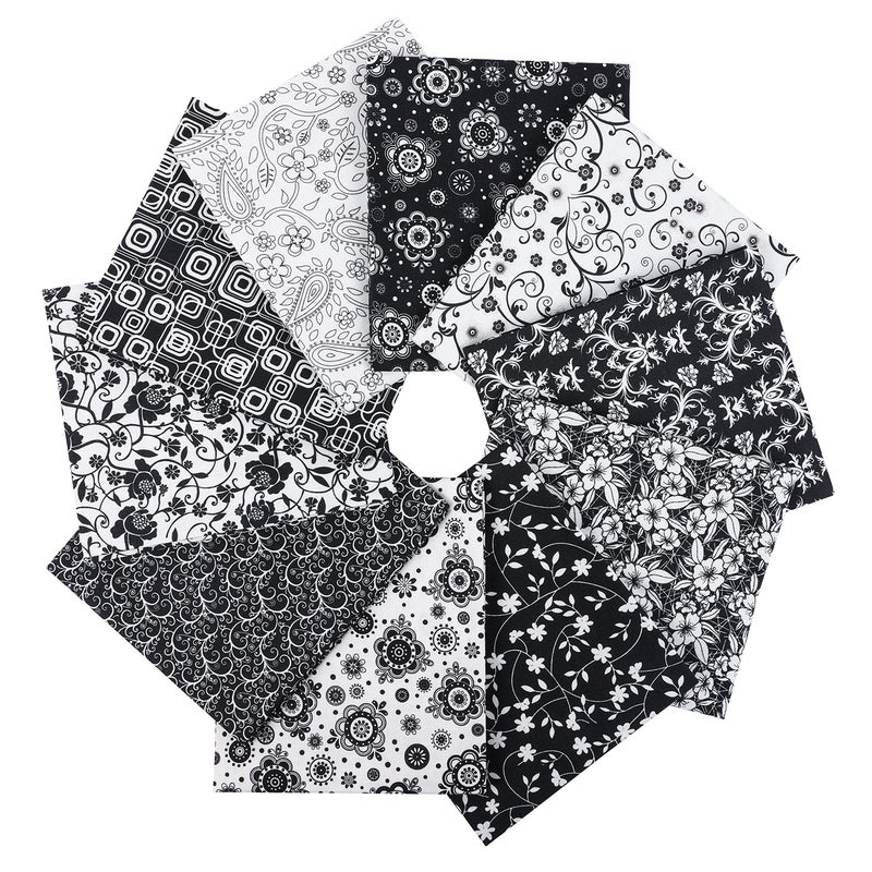 Craftido -25 Options- 100% Cotton Quilting Fabric Bundles 10pcs Fat Quarters 18â€x21â€-Medium Weight 5.2 oz- Soft Cotton for Quilting, Sewing Project, Patchwork, DIY Crafts - Black & White Flower - Image 1