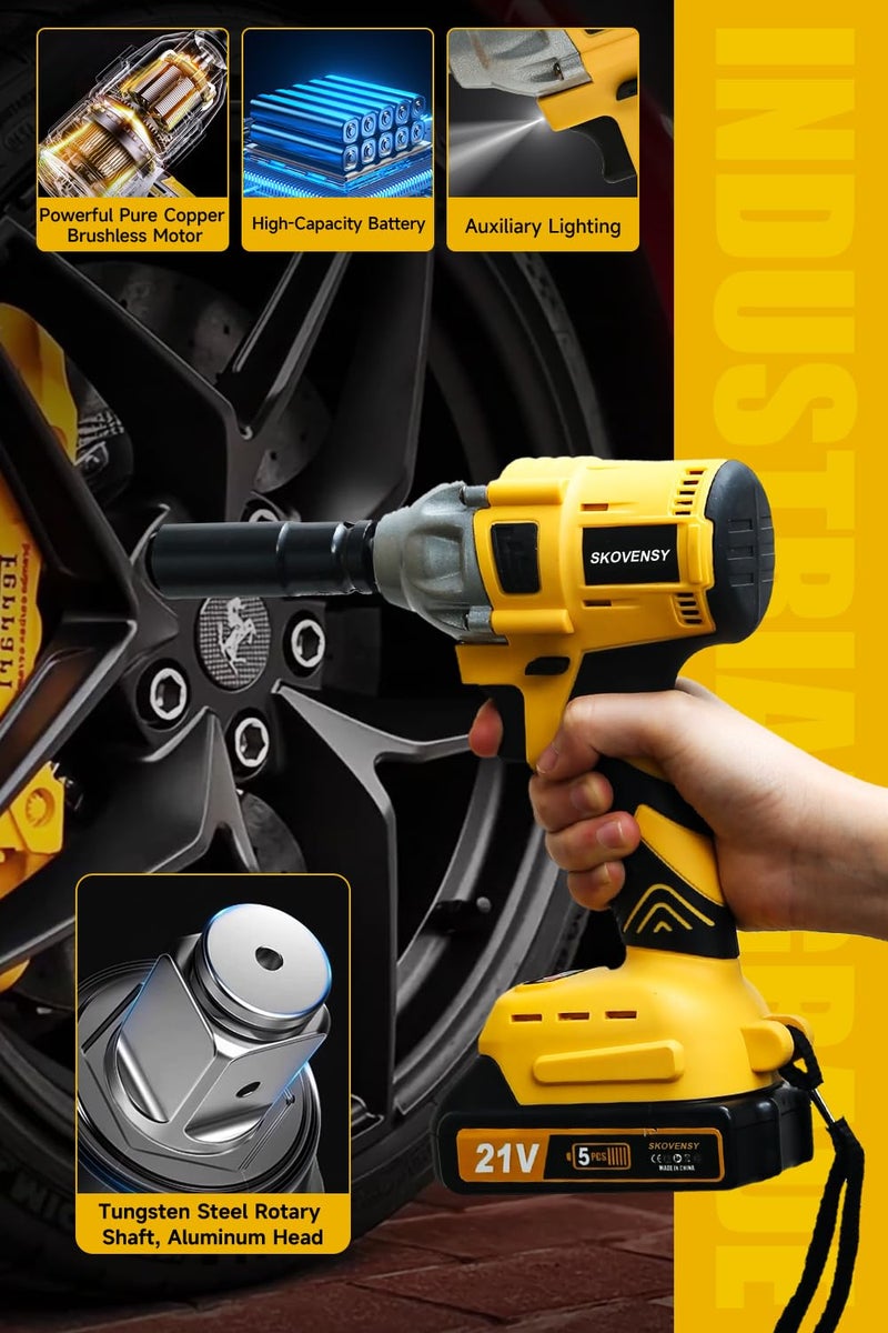SKOVENSY Cordless Impact Wrench 258Ft-lbï¼ˆ350N.mï¼‰, 1/2 Impact Gun, 2 Batteries, Pistola de Impacto, with 6 Sockets, Electric Impact Driver for Car Tires and Home YELLOW - Image 3