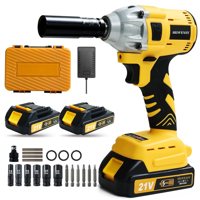 SKOVENSY Cordless Impact Wrench 258Ft-lbï¼ˆ350N.mï¼‰, 1/2 Impact Gun, 2 Batteries, Pistola de Impacto, with 6 Sockets, Electric Impact Driver for Car Tires and Home YELLOW - Image 1