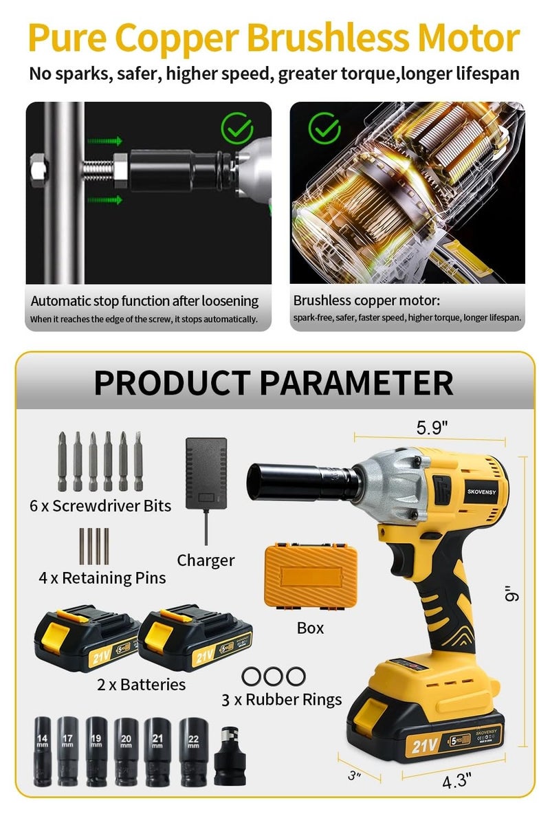 SKOVENSY Cordless Impact Wrench 258Ft-lbï¼ˆ350N.mï¼‰, 1/2 Impact Gun, 2 Batteries, Pistola de Impacto, with 6 Sockets, Electric Impact Driver for Car Tires and Home YELLOW - Image 5