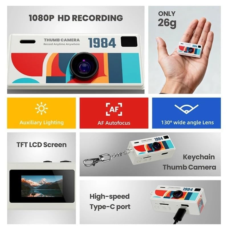 ® Mini Thumb Camera 0.96" Keychain Digital Camera, Retro Pocket Small Camera with 1080P HD Video, Built-in Flash, Travel and Vlogging Camera Off White - Image 3