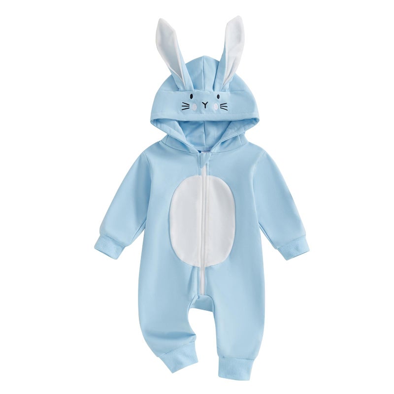 Socutebabe My First Easter Baby Girl Boy Outfit Baby Bunny Romper Long Ear Rabbit Hoodie Romper Jumpsuit Cute Spring Clothes (Sky Blue, 6-12 Months) - Image 1