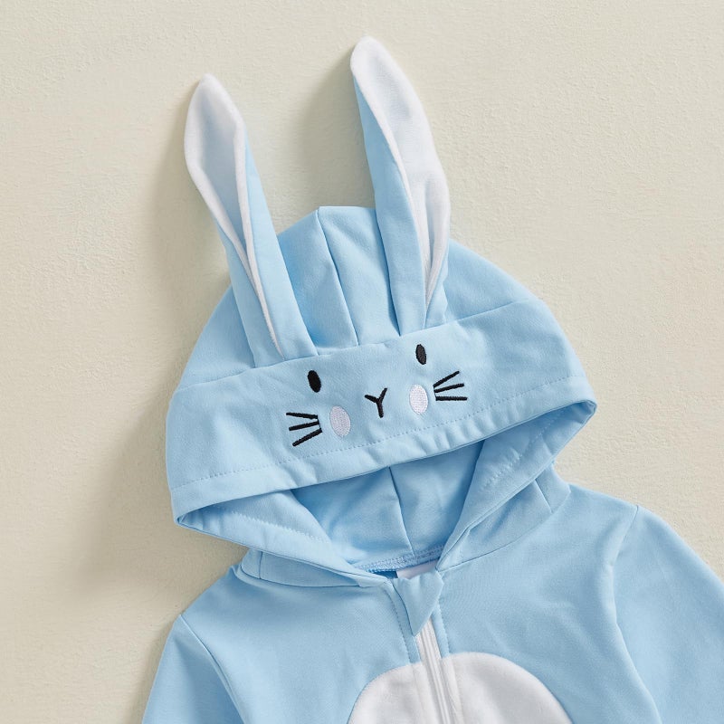 Socutebabe My First Easter Baby Girl Boy Outfit Baby Bunny Romper Long Ear Rabbit Hoodie Romper Jumpsuit Cute Spring Clothes (Sky Blue, 6-12 Months) - Image 4