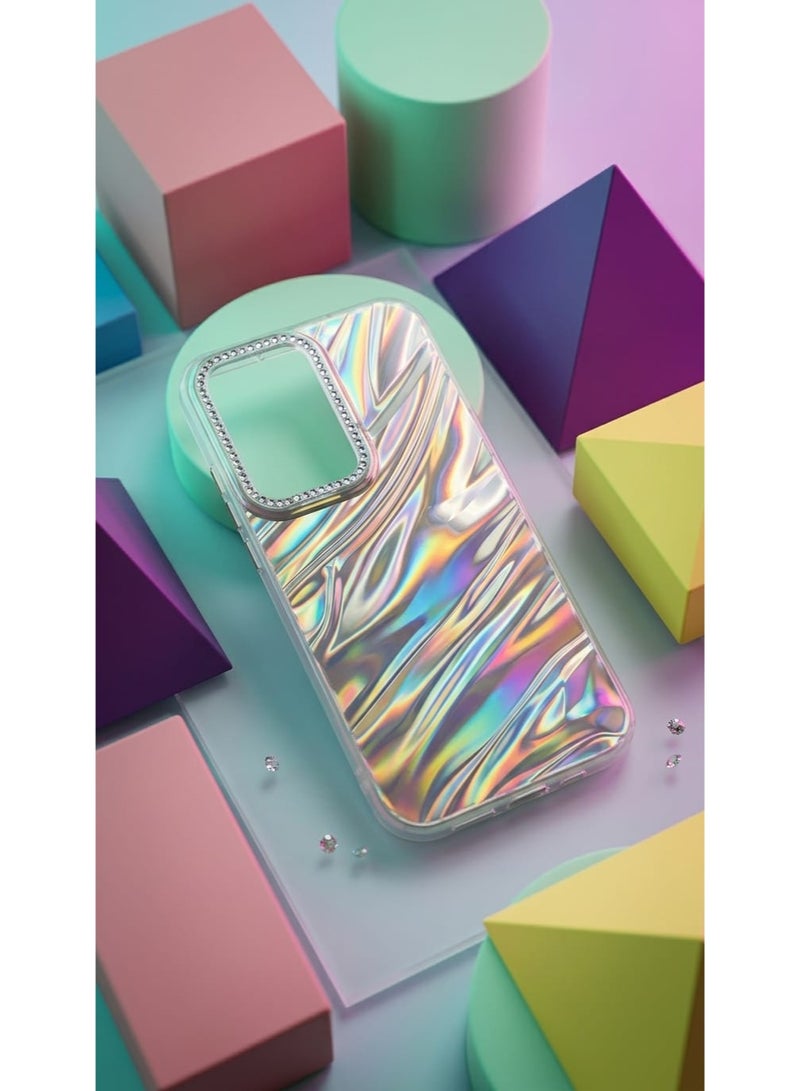 جراب أنيق متوافق مع هاتف Oppo A5 2025 - تصميم فاخر مرصع بأحجار لامعة (لون فضي) - مصنوع من مادة TPU المرنة والمقاومة للصدمات مع لمسات براقة - غطاء حماية خلفي. - Image 2