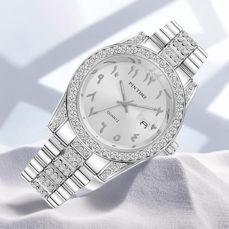 PINTIME Luxury Stainless Steel Wristwatch – Arabic Numerals Watch for Men with Iced - Out Diamond Bezel Dial Quartz Dress Watch - Image 4