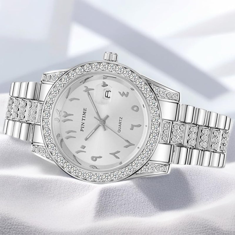 PINTIME Luxury Stainless Steel Wristwatch – Arabic Numerals Watch for Men with Iced - Out Diamond Bezel Dial Quartz Dress Watch - Image 3