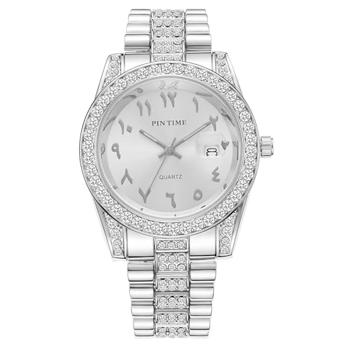 PINTIME Luxury Stainless Steel Wristwatch – Arabic Numerals Watch for Men with Iced - Out Diamond Bezel Dial Quartz Dress Watch - Image 1