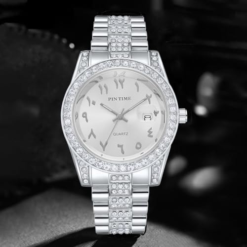 PINTIME Luxury Stainless Steel Wristwatch – Arabic Numerals Watch for Men with Iced - Out Diamond Bezel Dial Quartz Dress Watch - Image 5