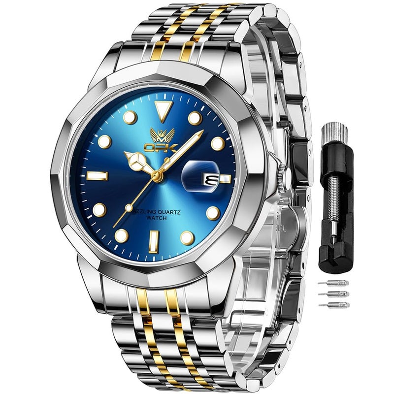 OPK Watch for Men Gold Blue Simple Fashion Stainless Steel Analog Mens Wrist Watch Large Dial Waterproof Date Casual Watch for Man - Image 1