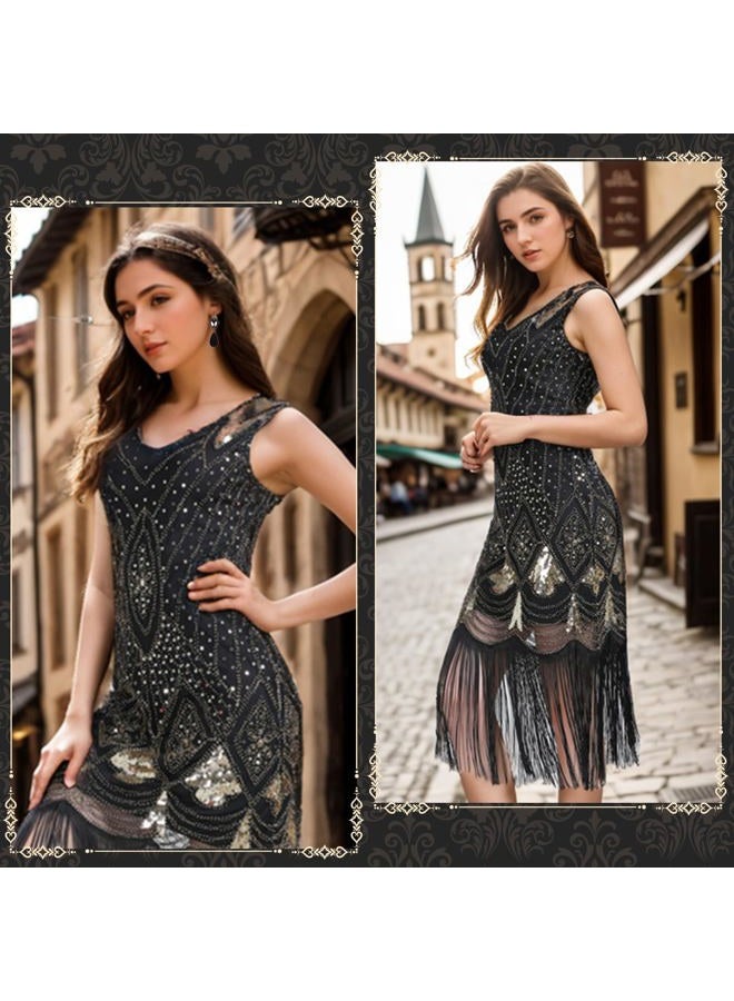 PLULON 1920s Sequin Beaded Fringed Flapper Dress with 20s Accessories Set, Black and Gold, M - Image 4