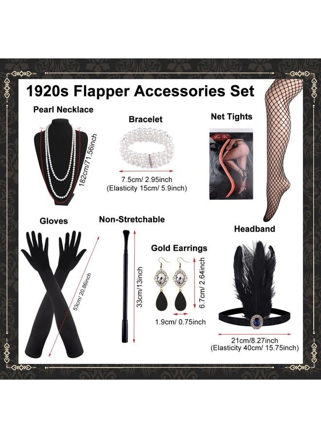 PLULON 1920s Sequin Beaded Fringed Flapper Dress with 20s Accessories Set, Black and Gold, M - Image 5