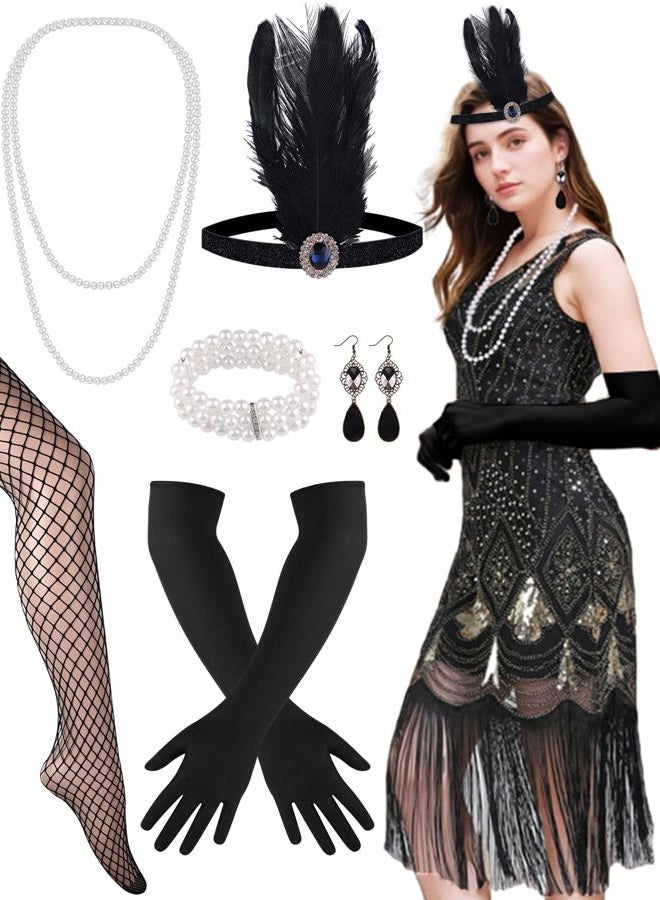 PLULON 1920s Sequin Beaded Fringed Flapper Dress with 20s Accessories Set, Black and Gold, M - Image 1