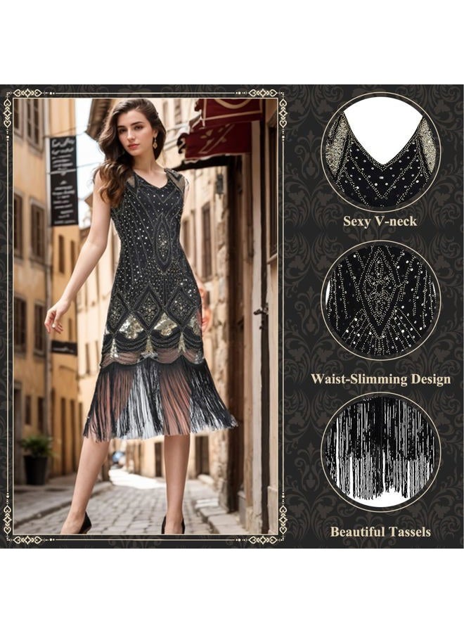 PLULON 1920s Sequin Beaded Fringed Flapper Dress with 20s Accessories Set, Black and Gold, M - Image 3