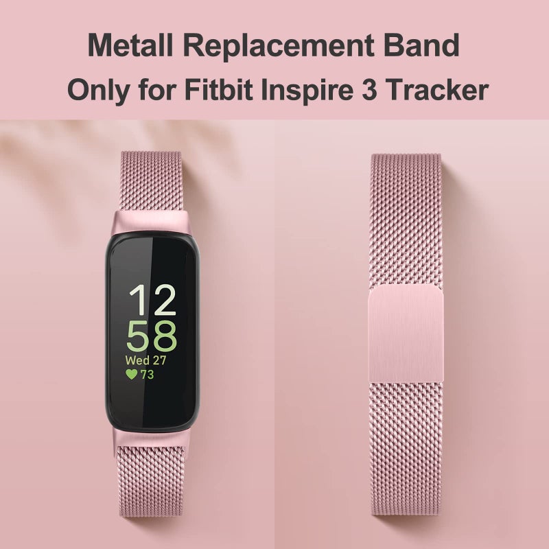 Vanjua for Fitbit Inspire 3 Bands Women Men, Stainless Steel Metal Mesh Loop Adjustable Magnetic Wristband Replacement Straps Compatible with Fitbit Inspire 3 Fitness Tracker (Rose Pink) - Image 2