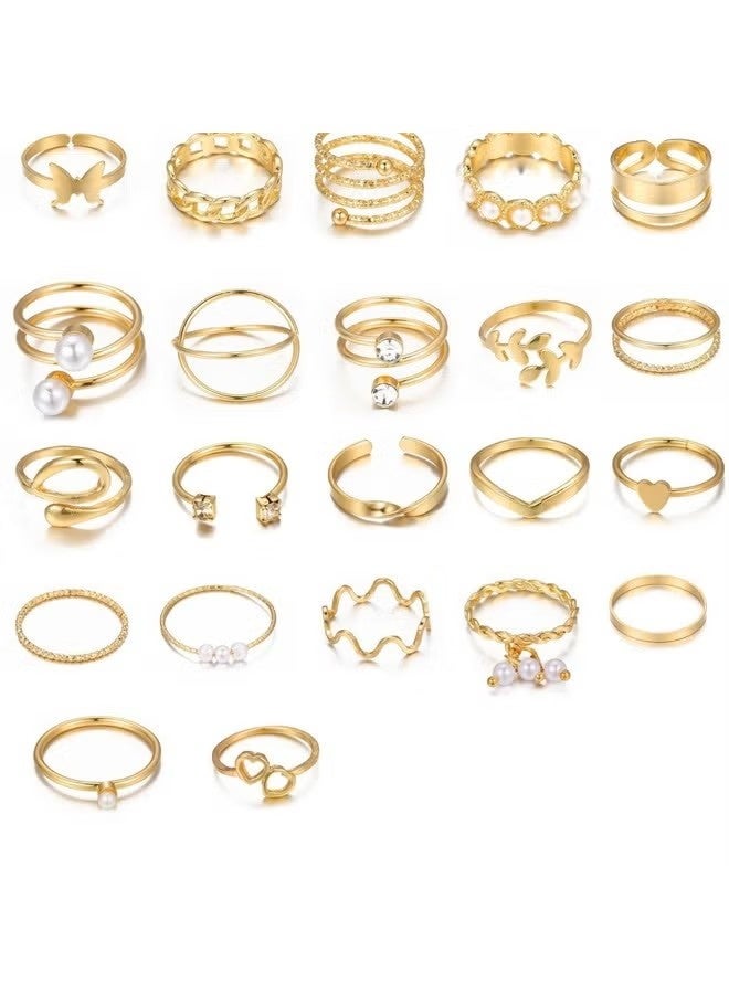 Simple And Elegant Style Stacked Rings Set, Leaf Flower Design Mixed With Daily Clothing, Golden Jewelry - Image 1