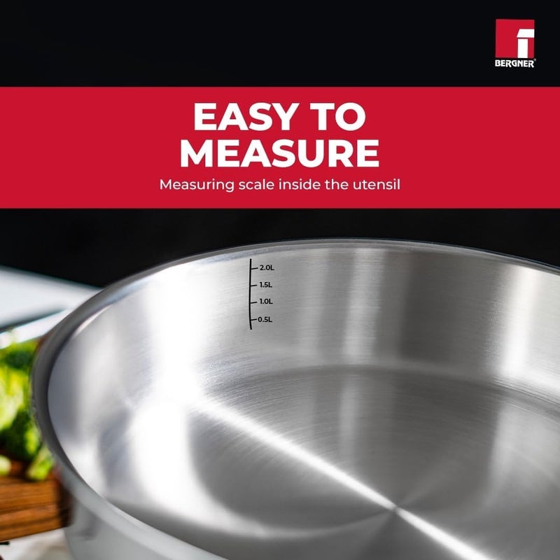 Bergner Tripro 22cm (2.1L) Tri-Ply Stainless Steel Sautepan, Healthy Cooking Deep Frypan with Lid, Ergonomic Stay-Cool Handle, Metal Spatula Friendly, Dishwasher Safe, Induction & Gas Stove Compatible - Image 4