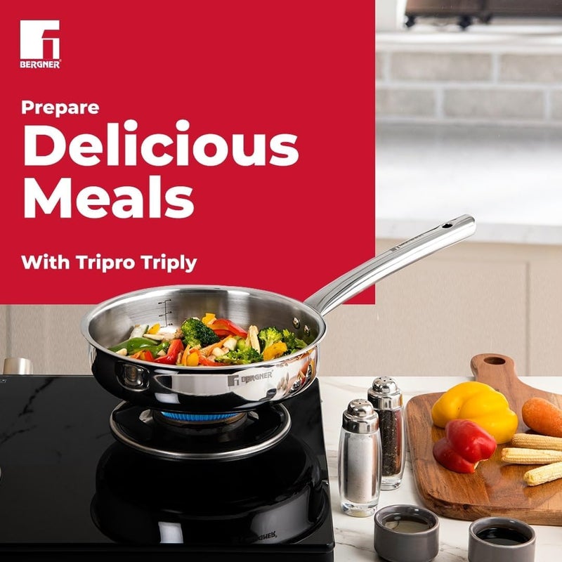 Bergner Tripro 22cm (2.1L) Tri-Ply Stainless Steel Sautepan, Healthy Cooking Deep Frypan with Lid, Ergonomic Stay-Cool Handle, Metal Spatula Friendly, Dishwasher Safe, Induction & Gas Stove Compatible - Image 2