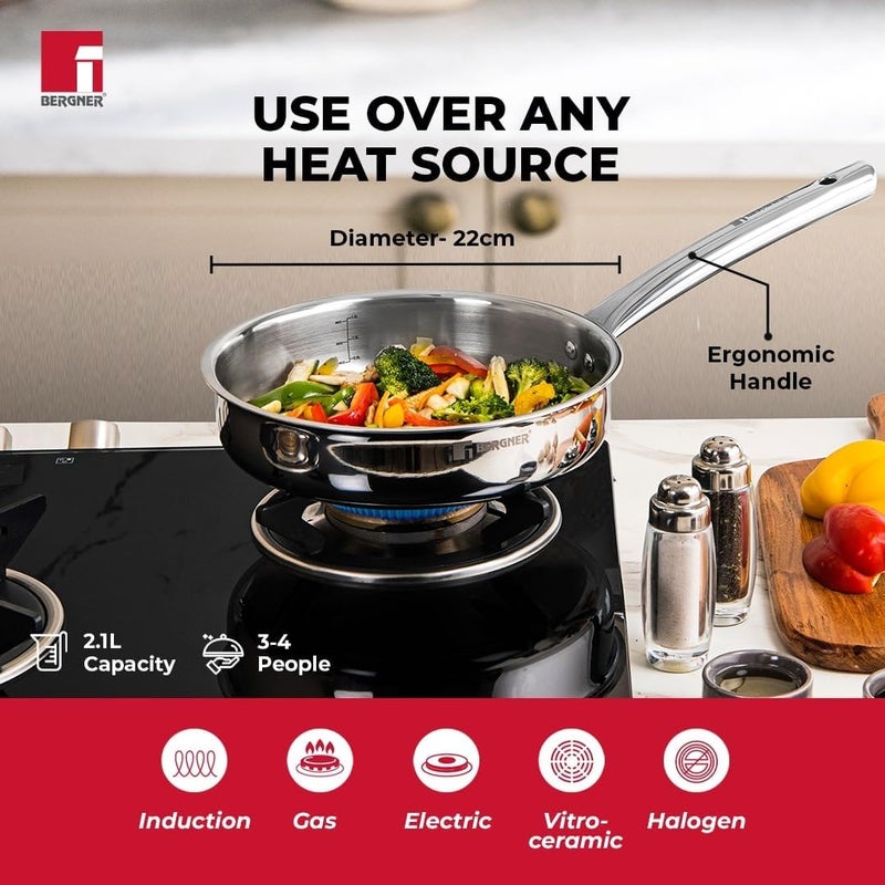 Bergner Tripro 22cm (2.1L) Tri-Ply Stainless Steel Sautepan, Healthy Cooking Deep Frypan with Lid, Ergonomic Stay-Cool Handle, Metal Spatula Friendly, Dishwasher Safe, Induction & Gas Stove Compatible - Image 5