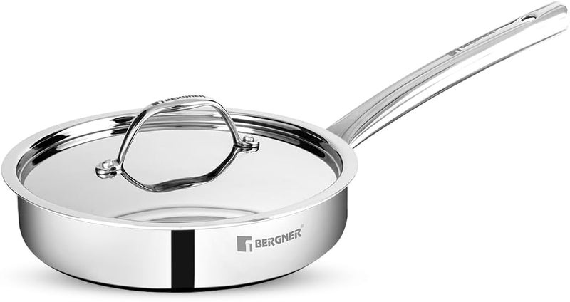 Bergner Tripro 22cm (2.1L) Tri-Ply Stainless Steel Sautepan, Healthy Cooking Deep Frypan with Lid, Ergonomic Stay-Cool Handle, Metal Spatula Friendly, Dishwasher Safe, Induction & Gas Stove Compatible - Image 1