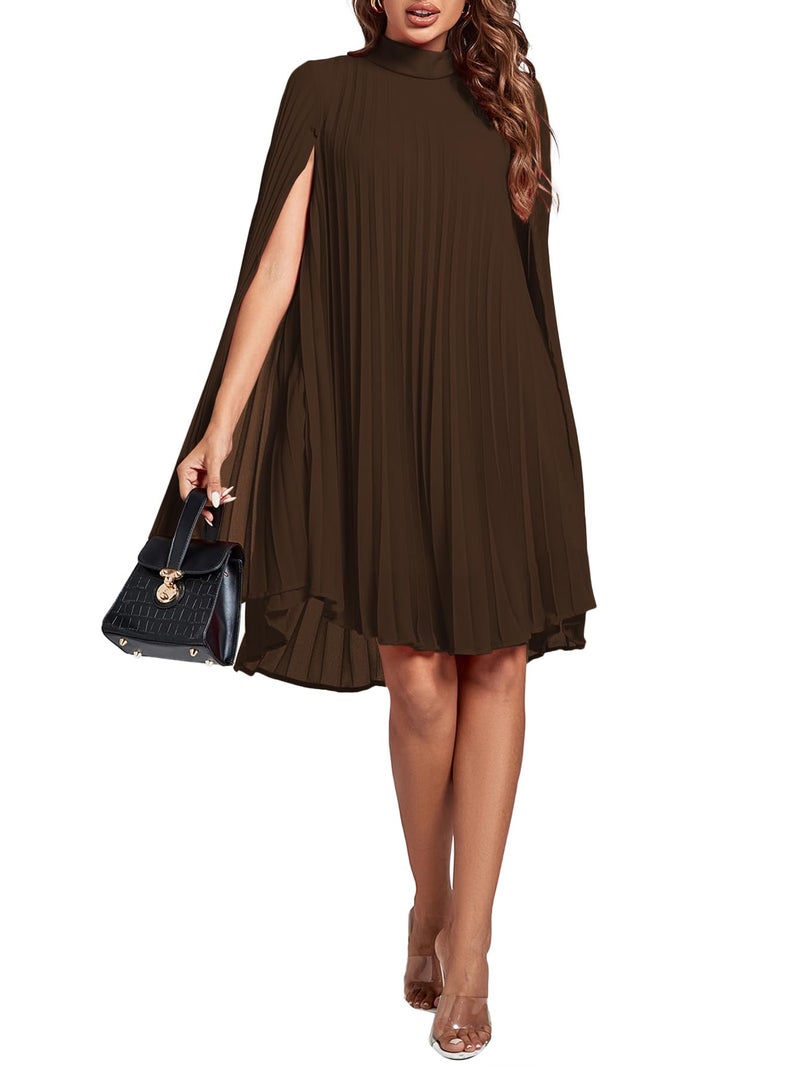 Rooscier Women's Pleated Mock Neck Cloak Sleeve Keyhole Back Flowy Party Midi Dress Plain Brown Small - Image 5