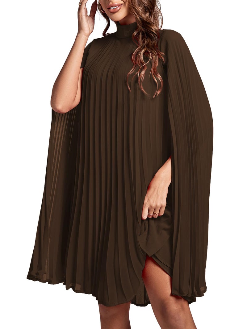Rooscier Women's Pleated Mock Neck Cloak Sleeve Keyhole Back Flowy Party Midi Dress Plain Brown Small - Image 4