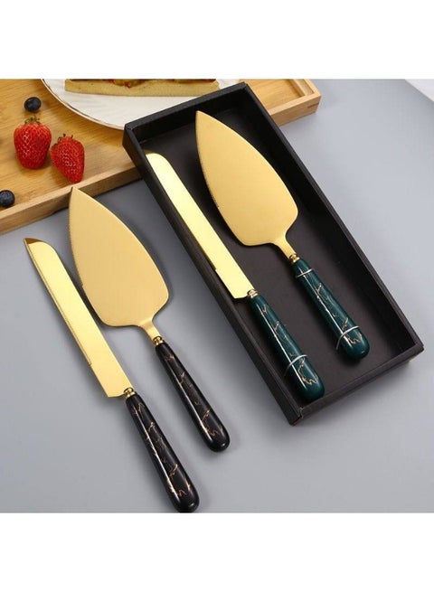 طقم تقديم كيك فاخر 4 قطع – سكاكين + مقصوصات بمقبض رخامي ذهبي