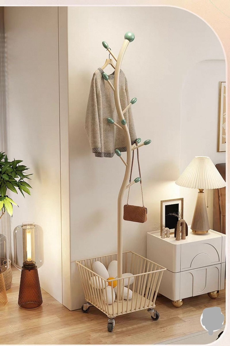 SHEE ONE Tree-Branch Clothes Rack with Bottom Basket and Wheels | Coat, Abaya & Bag Stand for Entryway or Bedroom – Size: Height 173 cm / Basket 40×30×40 cm - Image 1