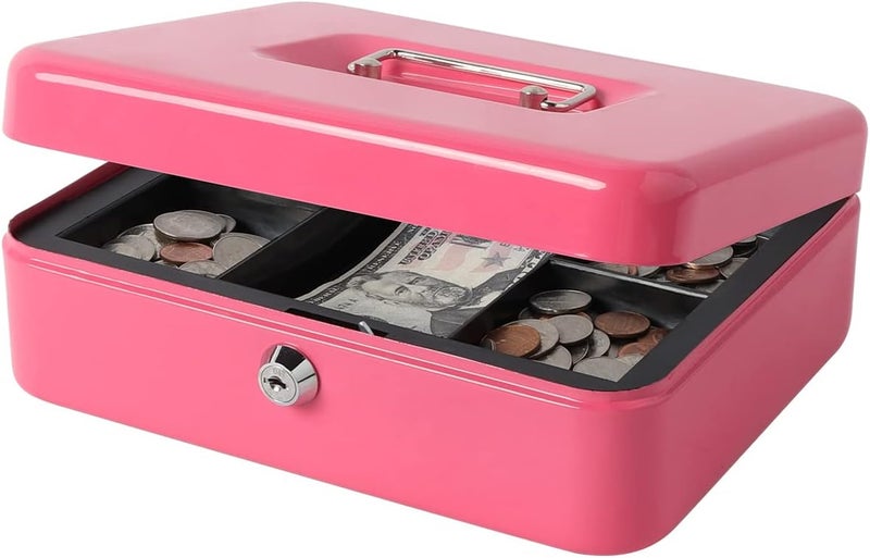 Decaller Metal Cash Box with Money Tray, Money Box with Key Lock for Security, Pink, 9 4/5" x 7 4/5" x 3 1/2" - Image 1