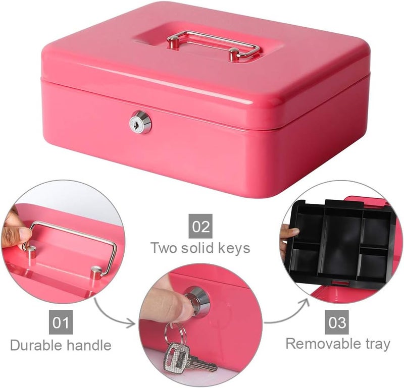 Decaller Metal Cash Box with Money Tray, Money Box with Key Lock for Security, Pink, 9 4/5" x 7 4/5" x 3 1/2" - Image 3