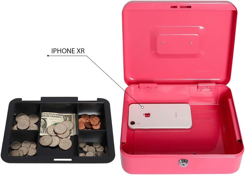 Decaller Metal Cash Box with Money Tray, Money Box with Key Lock for Security, Pink, 9 4/5" x 7 4/5" x 3 1/2" - Image 2