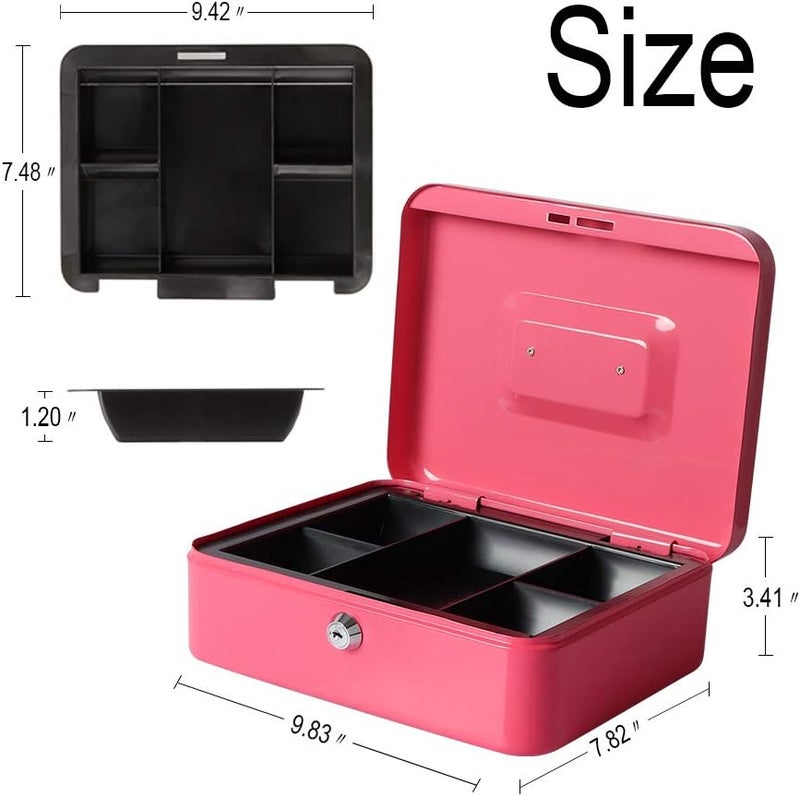 Decaller Metal Cash Box with Money Tray, Money Box with Key Lock for Security, Pink, 9 4/5" x 7 4/5" x 3 1/2" - Image 4