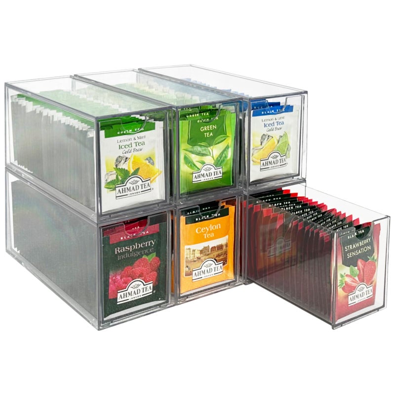 AZEZO 6-Pack Tea Bag Drawers Organizer - 6 Clear Plastic Drawer Tea Bag Holder; Stackable & Portable; Wider Size; Well-Organized Storage for Tea Bags Storage Chestsï¼›High Volume - Image 1