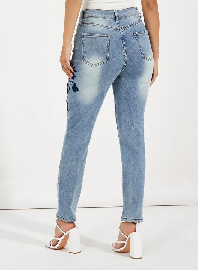 Styli High Rise Tapered Mom Fit Jeans with Embroidery Detail