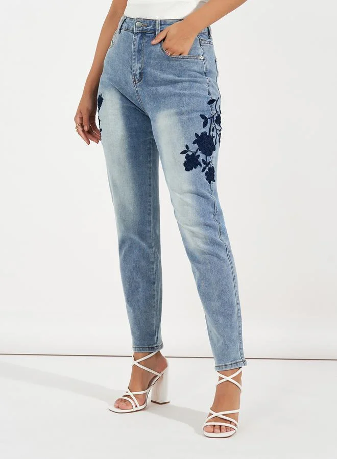 Styli High Rise Tapered Mom Fit Jeans with Embroidery Detail