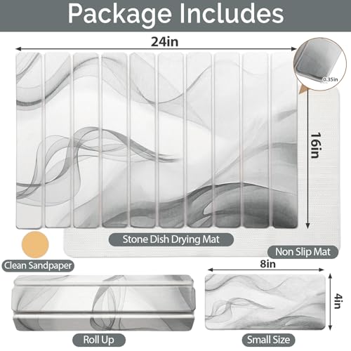 Linidcoud Large Stone Dish Drying Mat for Kitchen Counter, 2 PCS Quick Dry Stone Mats, Foldable Water Absorbing Diatomaceous Earth Drying Dishes Pad for Countertop Bottle Utensil Cup(Black White 24"×16"&8"x4") - Image 2