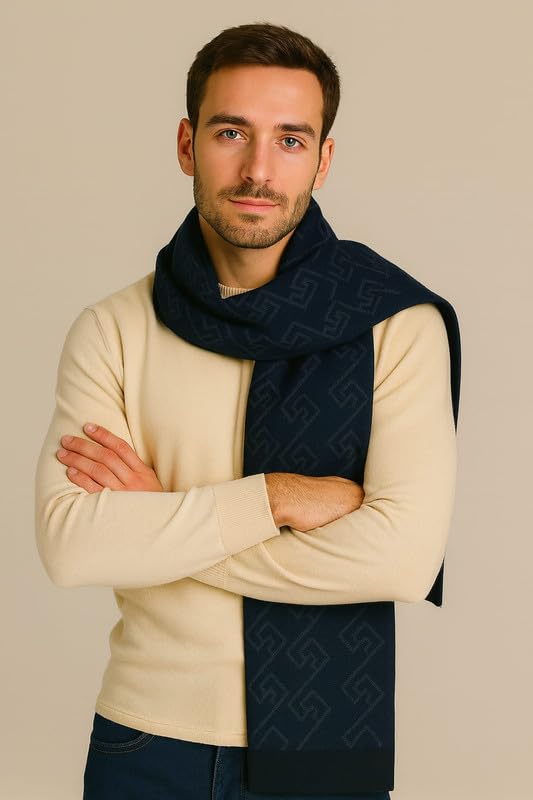 Krystle Men's Woolen Muffler – Soft Warm Wool Blend Scarf with Classic Check Pattern & Fringe Detailing (Free Size,Blue) - Image 2