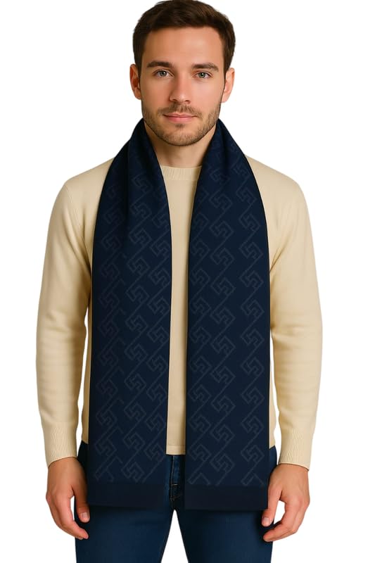 Krystle Men's Woolen Muffler – Soft Warm Wool Blend Scarf with Classic Check Pattern & Fringe Detailing (Free Size,Blue) - Image 5