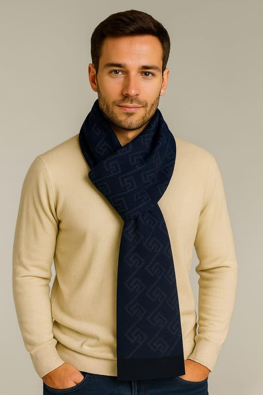 Krystle Men's Woolen Muffler – Soft Warm Wool Blend Scarf with Classic Check Pattern & Fringe Detailing (Free Size,Blue) - Image 3